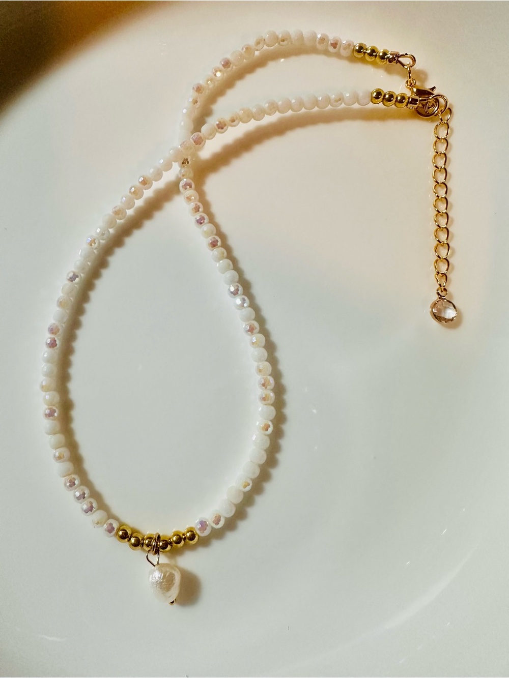 Delicate White Beaded Necklace with Pearl Charm
